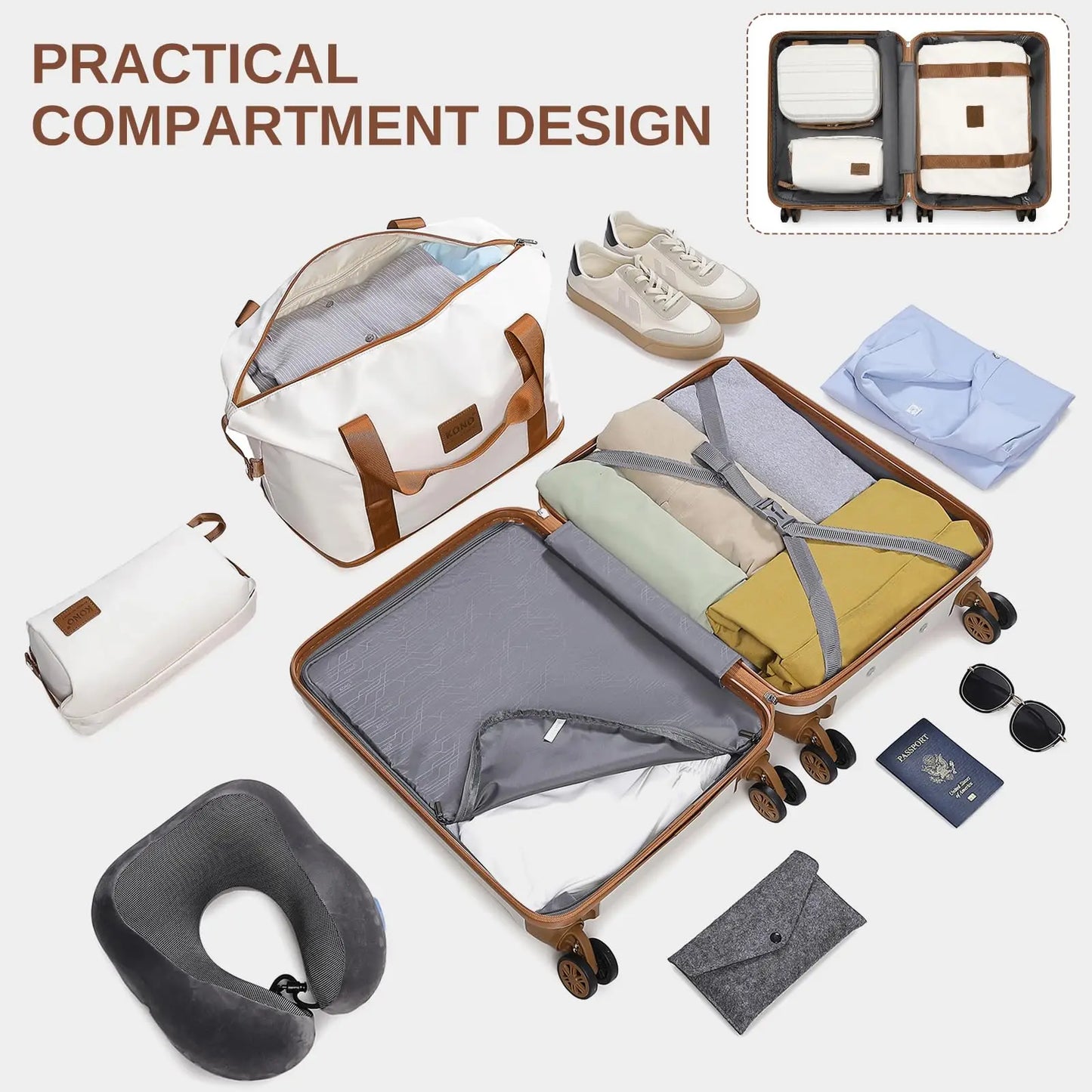 Kono 6-Pc Travel System - 20/24/28" ABS Suitcases with Toiletry Bag & Duffel, Lightweight TSA Lock