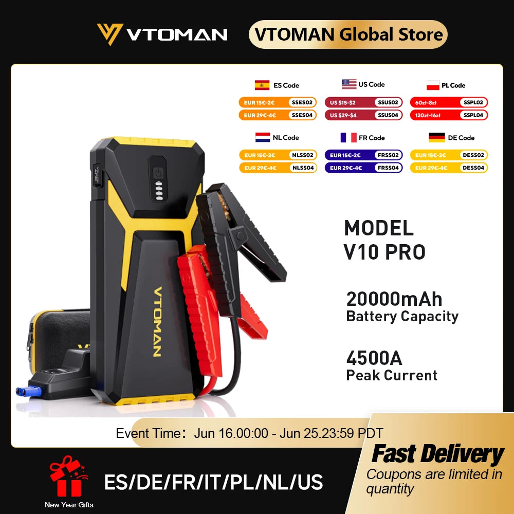 VTOMAN Power Bank 20000mAh Jump Starter Portable Charger Car Booster 4500A Auto Starting Device Emergency Car Battery Starter