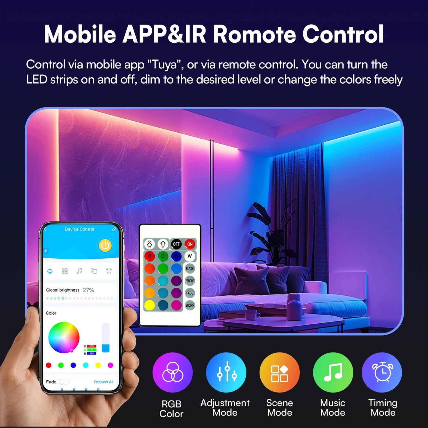 Colorful LED Strip Lights, USB Powered Portable , Change Color (16 Million) Dimmable, Smart RGB-IC Strip Lighting Sync Music