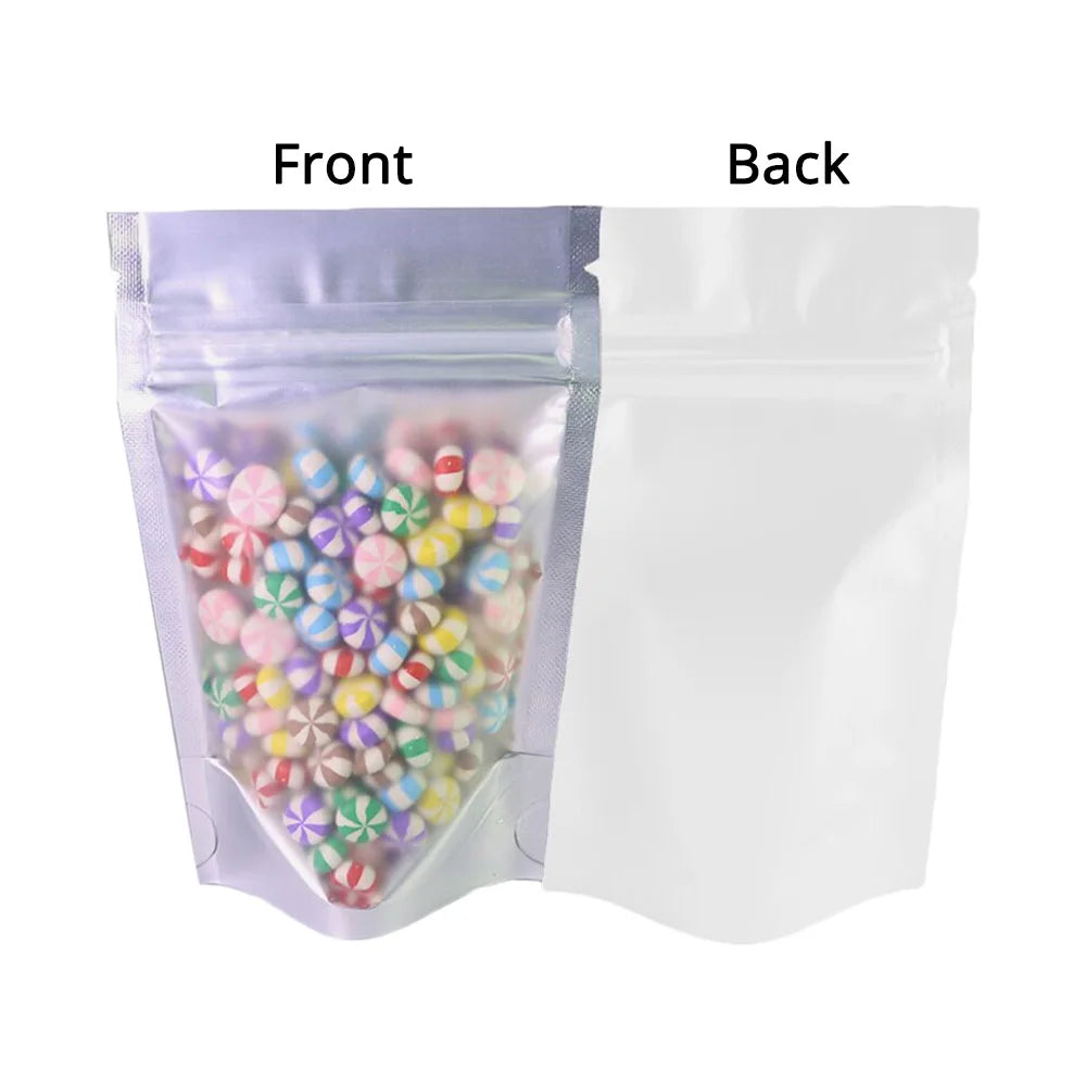 100pcs Metallic Stand Up Doypack, Clear Window Reusable Smell Proof Bag Food Storage Package Aluminum Foil Mylar Pouch