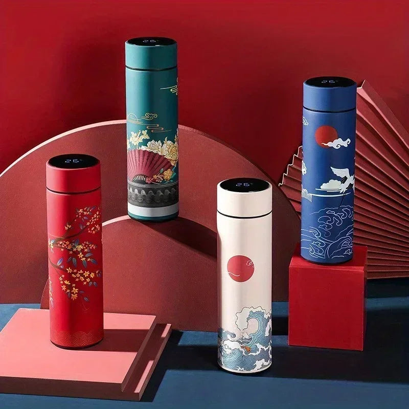 Retro Smart Temperature Display Insulated Cup, Chinese Style Thermal Water Bottle, Stainless Steel Water Cup