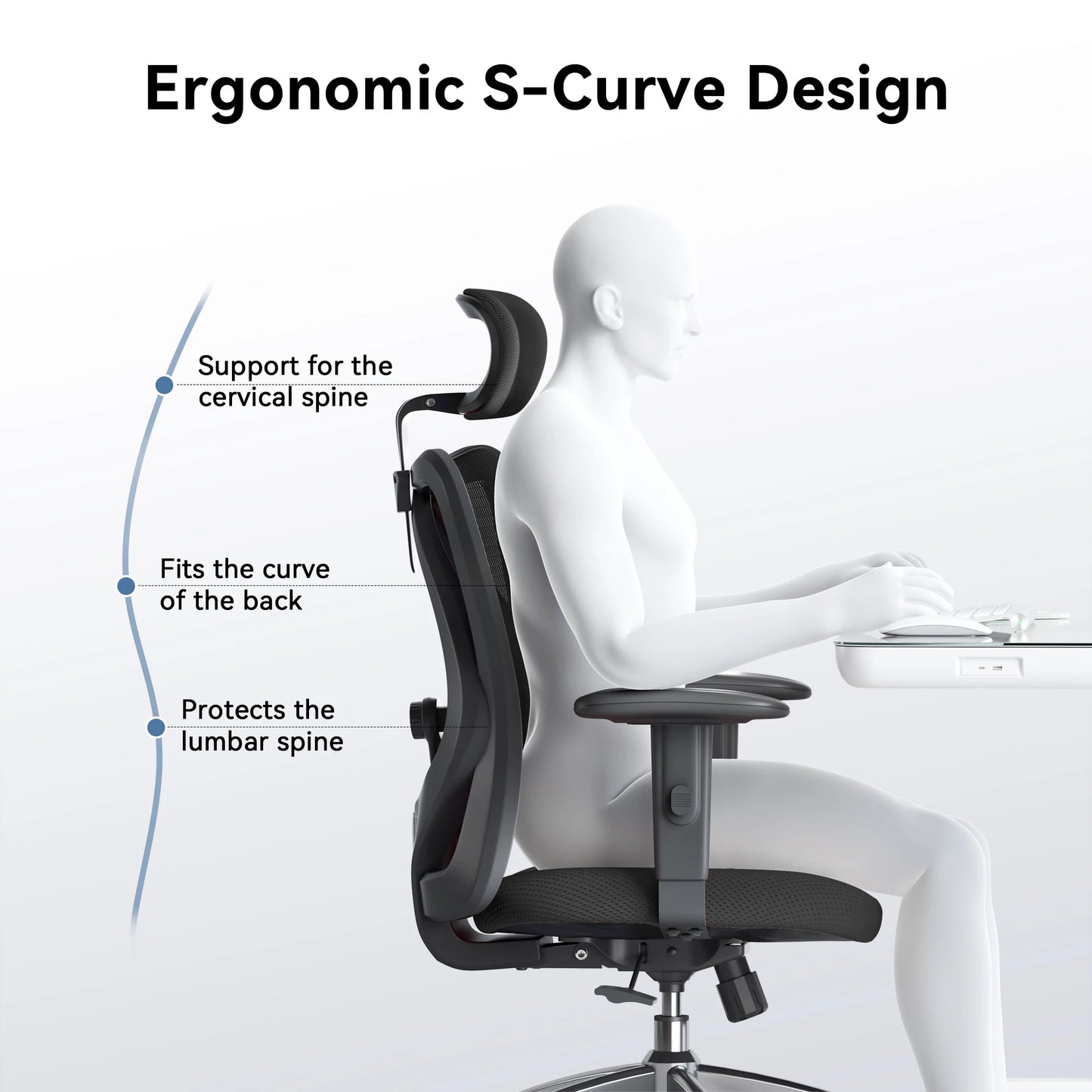 SIHOO M18 Ergonomic Office Chair for Big And Tall People Adjustable Headrest 2D Armrests Lumbar Support PU Wheels Swivel Feature