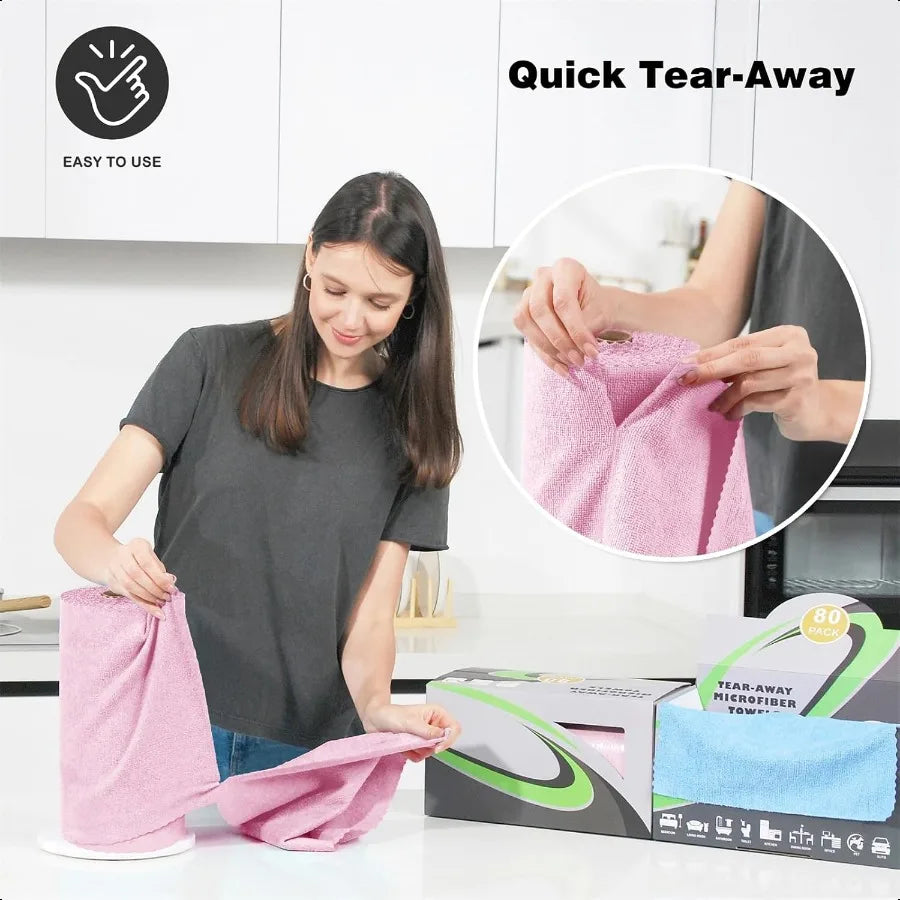 80pack Reusable Paper Towels Washable Roll Microfiber Cleaning Cloth12" x 12" Super Absorbent Microfiber Towel Roll for Kitchen