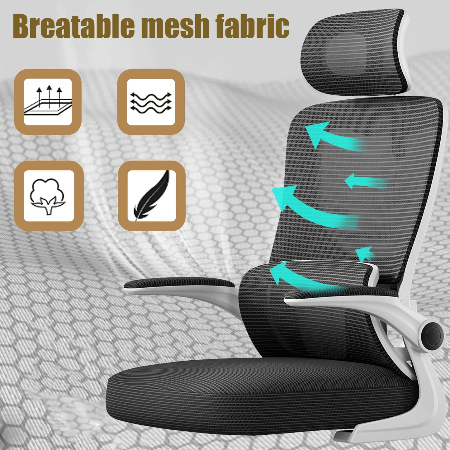 Mesh Office Chair High Back Ergonomic Desk Chair with Lumbar Support and Flip up Armrest Adjustable Headrest for Black Home