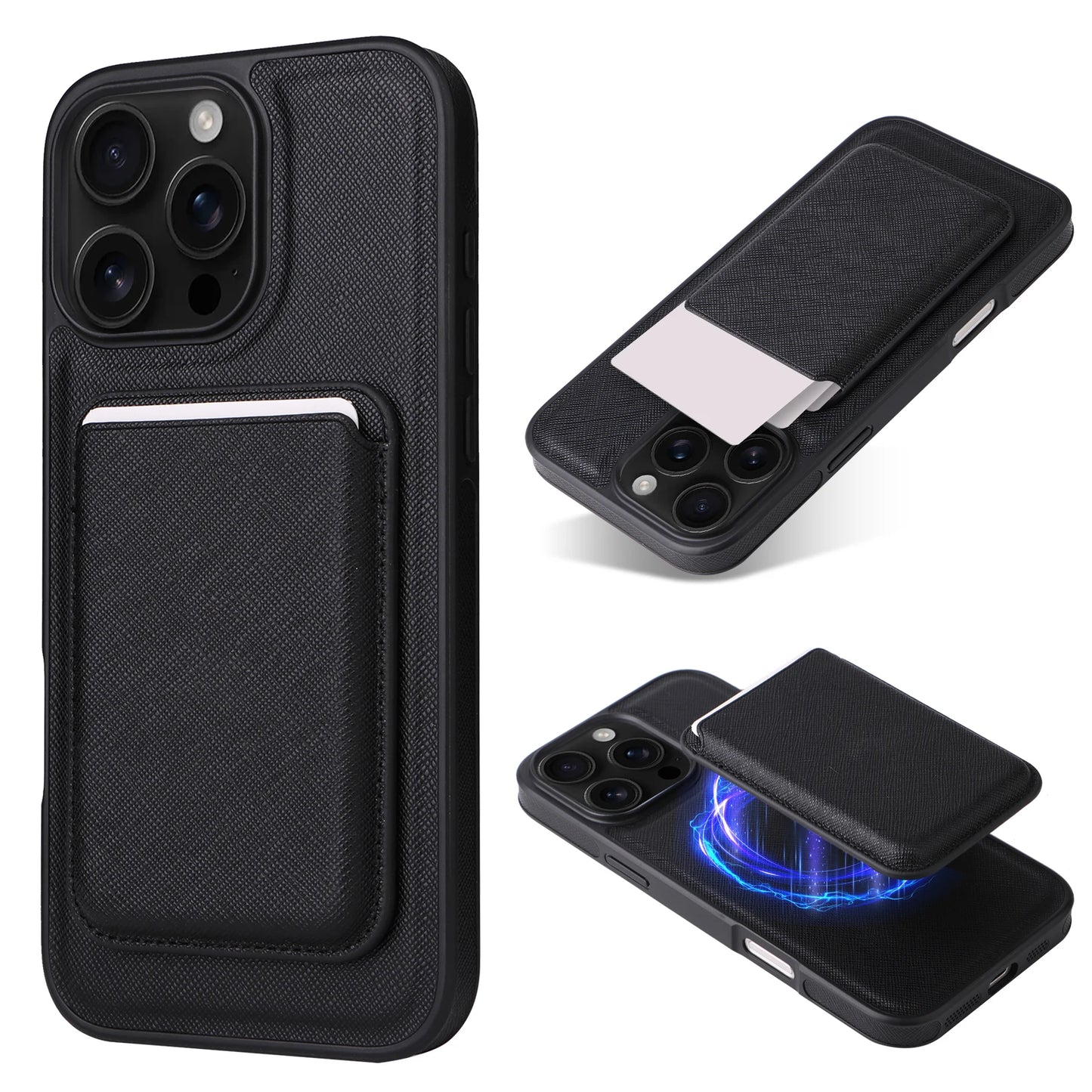 2-in-1 Luxury Cross Grain Leather Magnetic MagSafe Case for iPhone 16ProMax 16E 16Plus 15/14/13 Magnetic Card Holder included