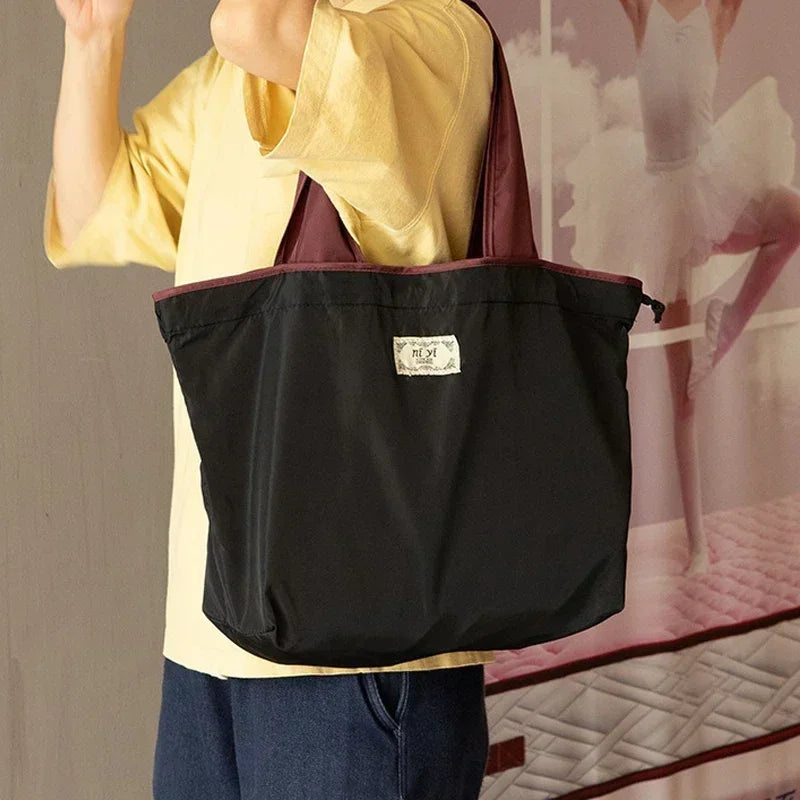 Foldable Eco-Friendly Shoulder Bags Women's Reusable Grocery Bag Large Capacity Foldable Shopping Bag with Drawstring Closure