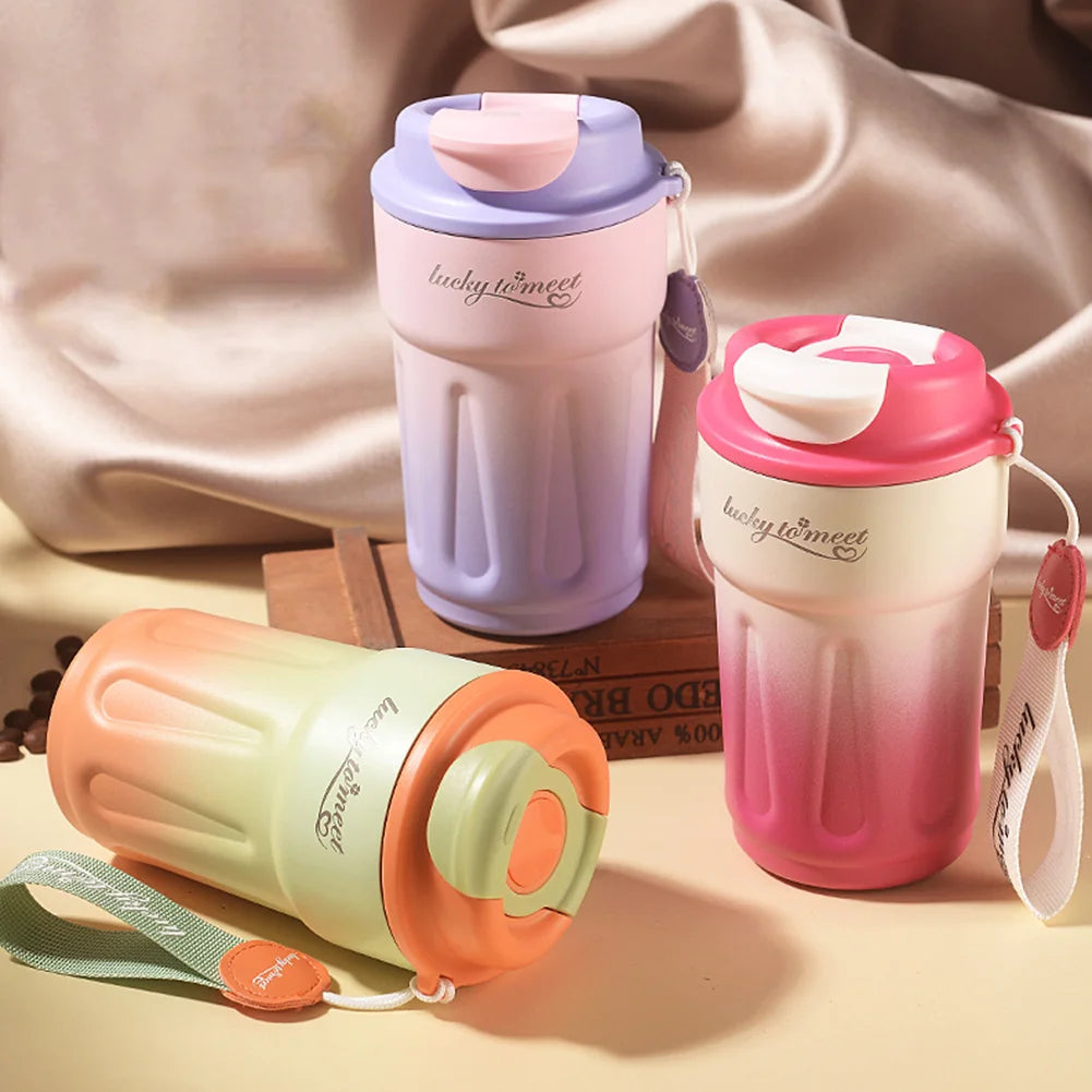 420ML Thermos Bottle Stainless Steel Coffee Cup Leakproof Outdoor Portable Drink Travel Mug with Rope for Hot and Cold Drinks