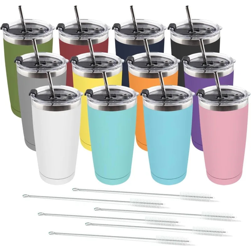 12 Pack 20oz Stainless Steel Tumbler with Lid, Powder Coated Vacuum Insulated Tumbler Cup, With straw and cleaning brush