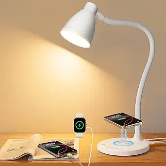 BOHON Desk Lamp for Home Office, LED Desk Light with USB C+A Charging Ports, Wireless Charger, 5 Colors Stepless Dimming Reading