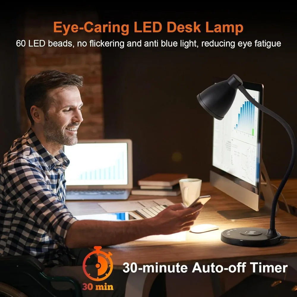 BOHON Desk Lamp for Home Office, LED Desk Light with USB C+A Charging Ports, Wireless Charger, 5 Colors Stepless Dimming Reading