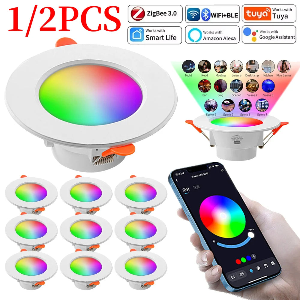 1/2PCS LED Downlight Smart Life Dimming Spot Bluetooth lamp 10W RGB+CW+WW Change Warm Cool light Work with Alexa Google Home