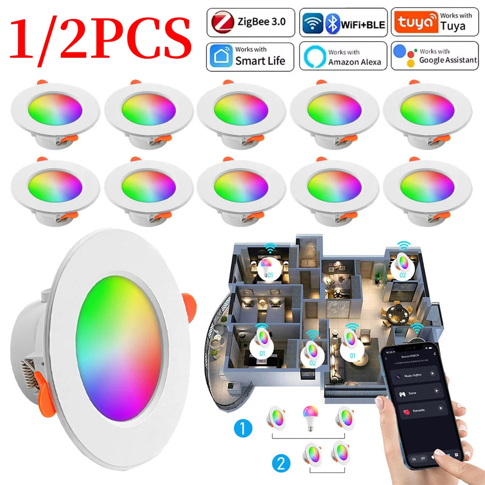1/2PCS LED Downlight Smart Life Dimming Spot Bluetooth lamp 10W RGB+CW+WW Change Warm Cool light Work with Alexa Google Home