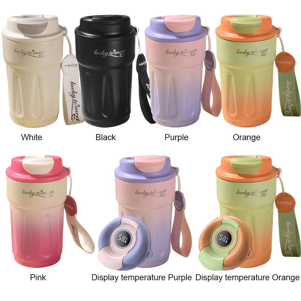 420ML Thermos Bottle Stainless Steel Coffee Cup Leakproof Outdoor Portable Drink Travel Mug with Rope for Hot and Cold Drinks