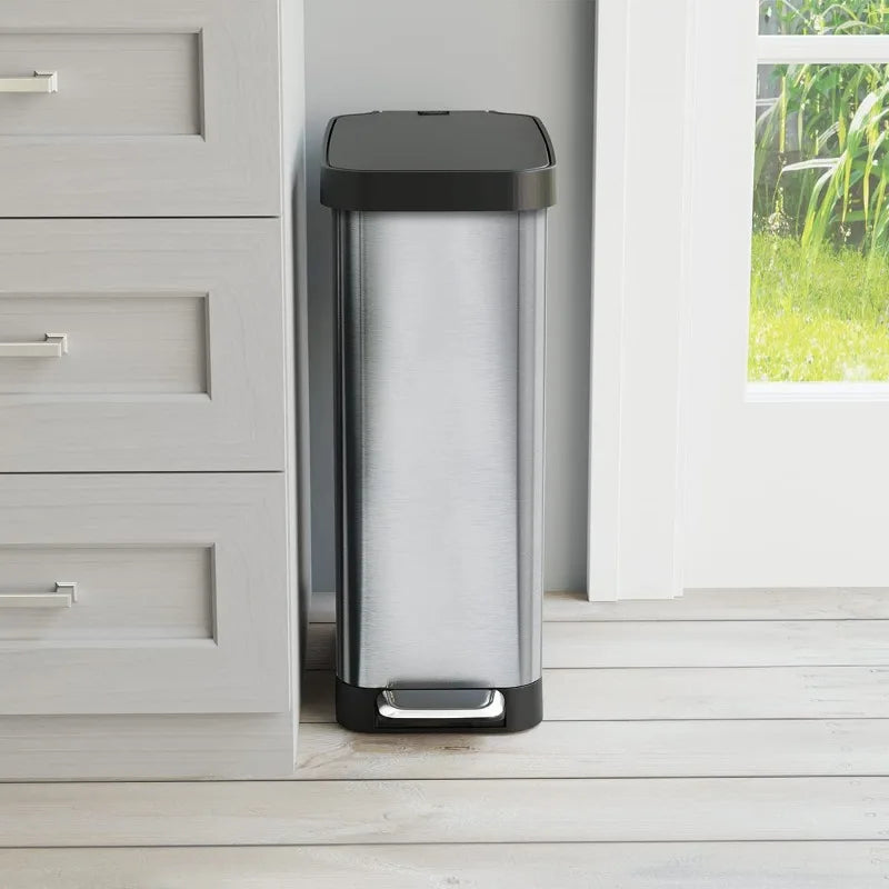 With Clorox Odor Protection - Narrow Kitchen Garbage Bin with Soft Close Lid, Step on Foot Pedal and Waste Bag Roll Holder