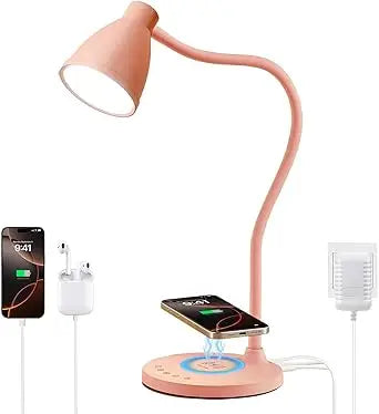 BOHON Desk Lamp for Home Office, LED Desk Light with USB C+A Charging Ports, Wireless Charger, 5 Colors Stepless Dimming Reading