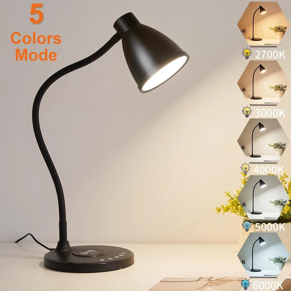 BOHON Desk Lamp for Home Office, LED Desk Light with USB C+A Charging Ports, Wireless Charger, 5 Colors Stepless Dimming Reading