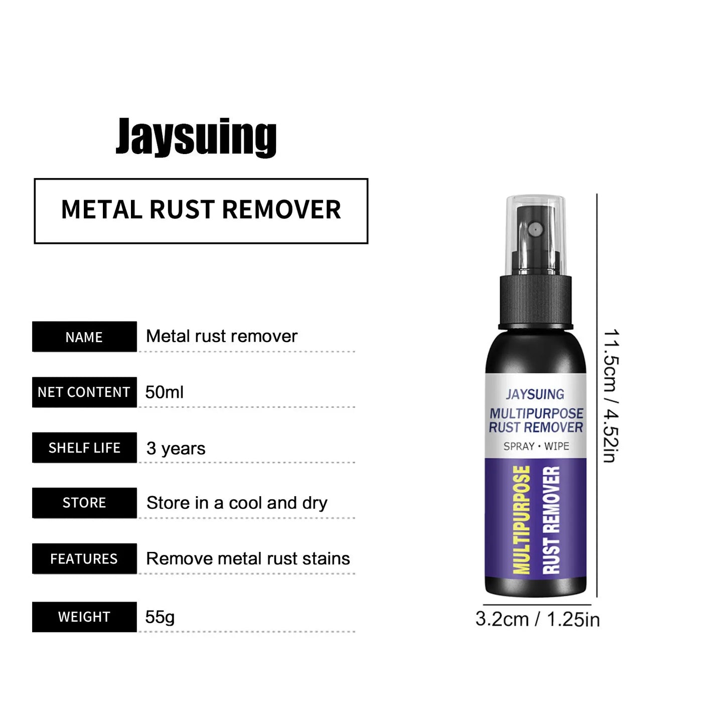 Jaysuing 50ml Rust Remover Spray Metal Surface Polish Anti-Rust Paint Car Maintenance Iron Cleaning Rust Stain Remover Cleaner