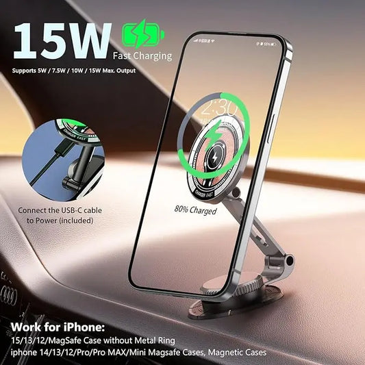15W Wireless Car Charger Mount for MagSafe, Magnetic Dashboard Phone Holder with Fast Charging, Adjustable Cradle
