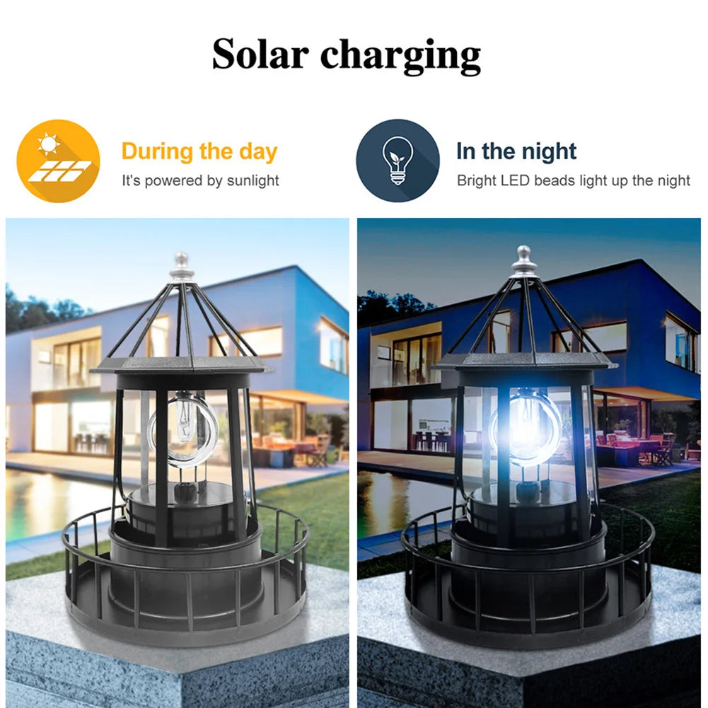 LED Rotating Lighthouse Solar Light Outdoor Rotating Beam Sensor Beacon Lamp Yard Fence Garden Decoration