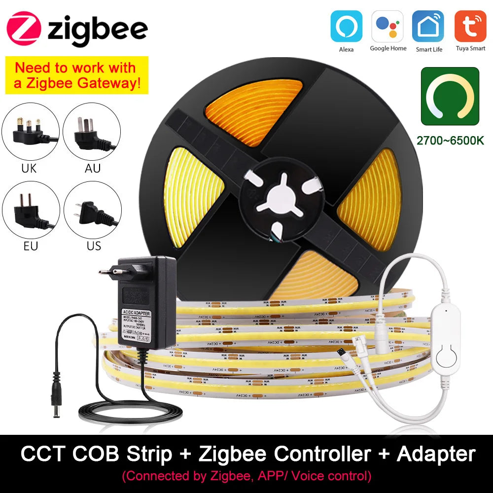 Tuya Wifi Smart Life COB LED Strip Light 5m 10m Zigbee Support Google Home Alexa Voice Control RA90 Warm White CCT RGB LED Tape