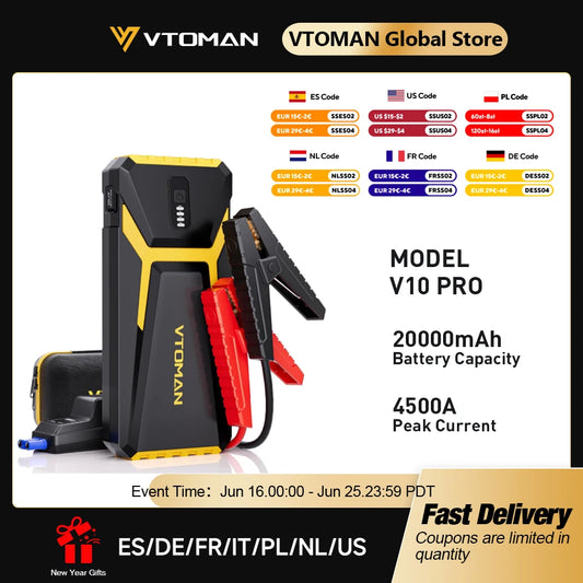 VTOMAN Power Bank 20000mAh Jump Starter Portable Charger Car Booster 4500A Auto Starting Device Emergency Car Battery Starter