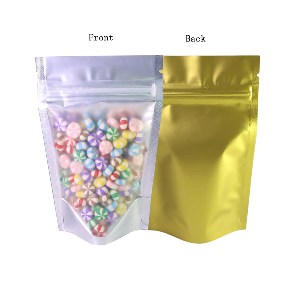 100pcs Metallic Stand Up Doypack,  Clear Window Reusable Smell Proof  Bag Food Storage  Package Aluminum Foil Mylar Pouch