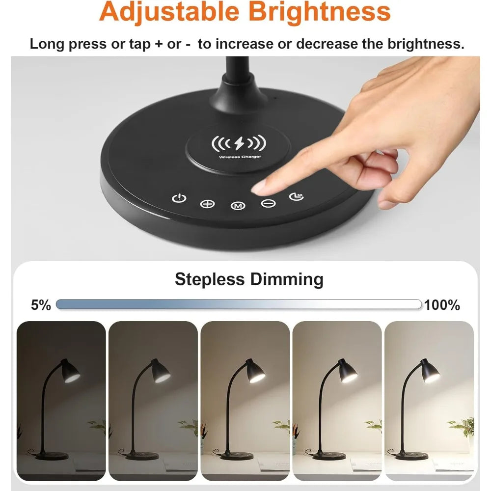 BOHON Desk Lamp for Home Office, LED Desk Light with USB C+A Charging Ports, Wireless Charger, 5 Colors Stepless Dimming Reading