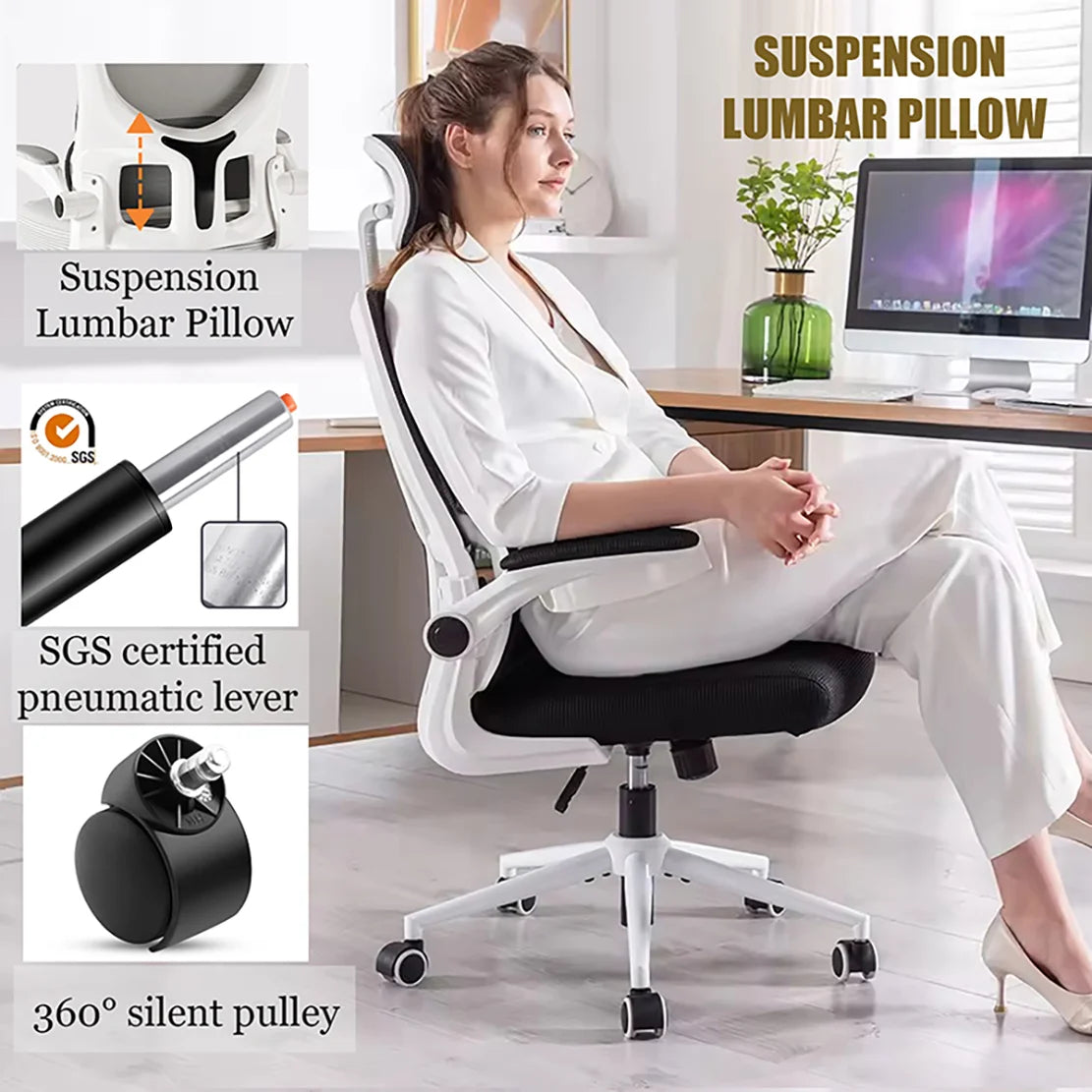 Mesh Office Chair High Back Ergonomic Desk Chair with Lumbar Support and Flip up Armrest Adjustable Headrest for Black Home