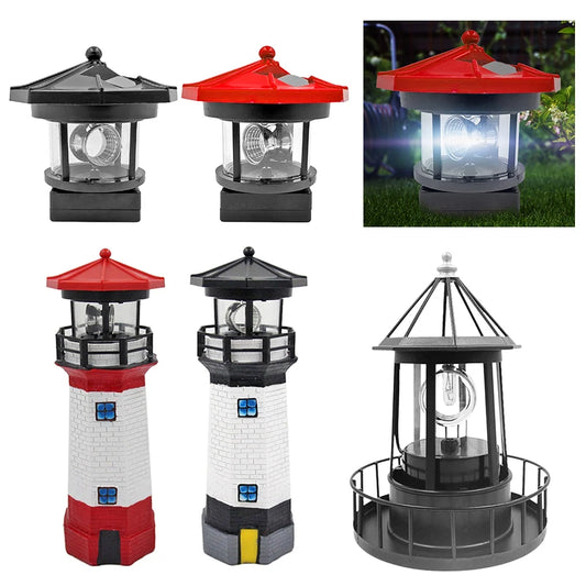 LED Rotating Lighthouse Solar Light Outdoor Rotating Beam Sensor Beacon Lamp Yard Fence Garden Decoration