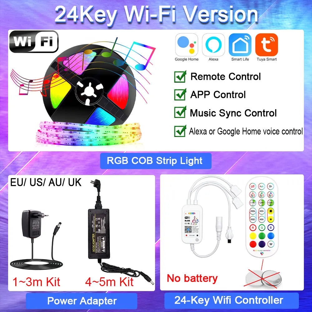 Tuya Wifi Smart Life COB LED Strip Light 5m 10m Zigbee Support Google Home Alexa Voice Control RA90 Warm White CCT RGB LED Tape