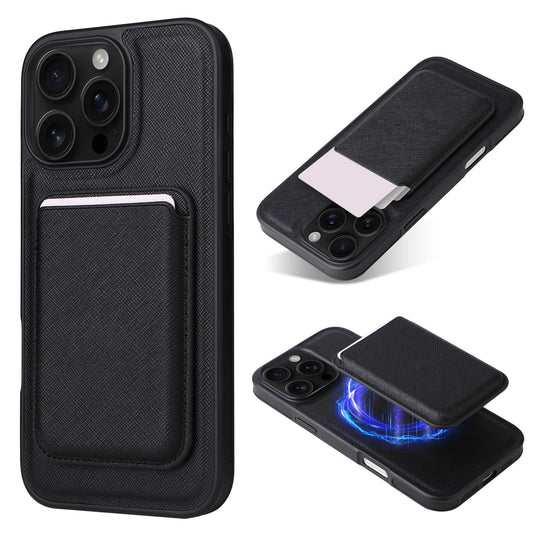 2-in-1 Luxury Cross Grain Leather Magnetic MagSafe Case for iPhone 16ProMax 16E 16Plus 15/14/13 Magnetic Card Holder included
