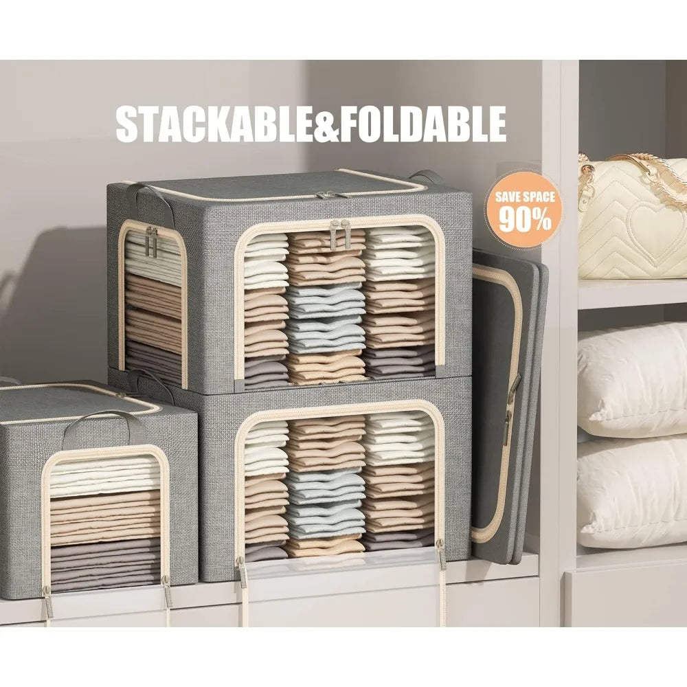 3 Openings Clothes Storage Bins with Metal Frame, Foldable Storage Bin for Clothes, Clothing Storage Bins with Lid, Linen Storag