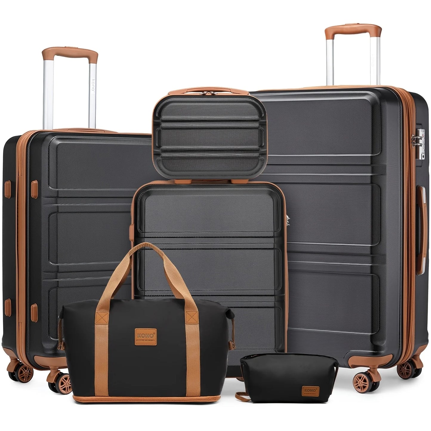 Kono 6-Pc Travel System - 20/24/28" ABS Suitcases with Toiletry Bag & Duffel, Lightweight TSA Lock