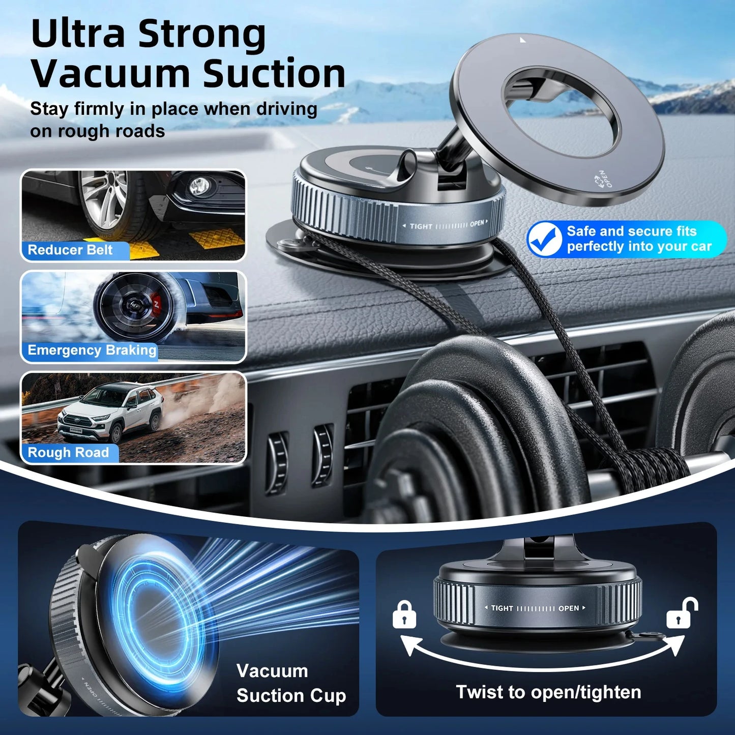 Magnetic Car Phone Holder – 360° Rotation with a Strong Mechanical Suction Cup