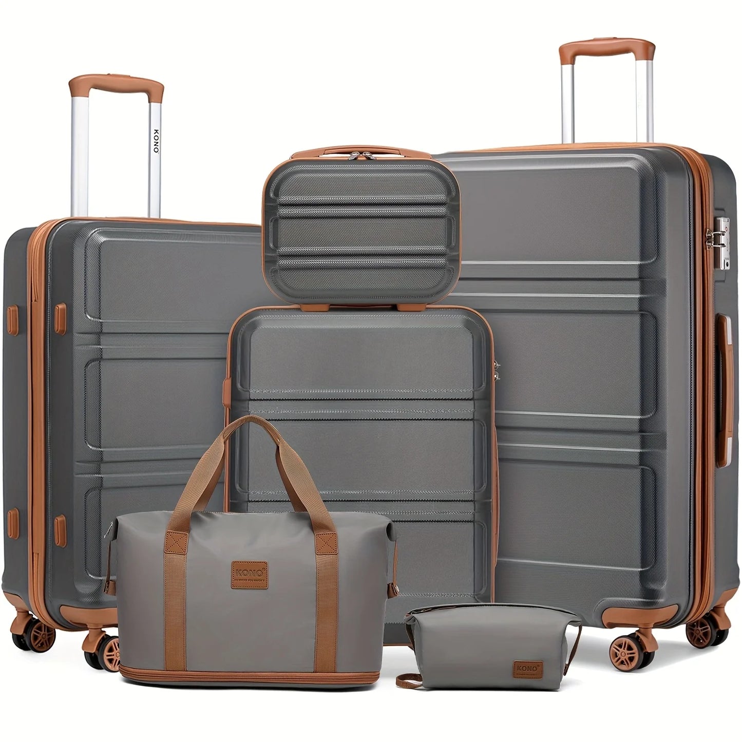 Kono 6-Pc Travel System - 20/24/28" ABS Suitcases with Toiletry Bag & Duffel, Lightweight TSA Lock