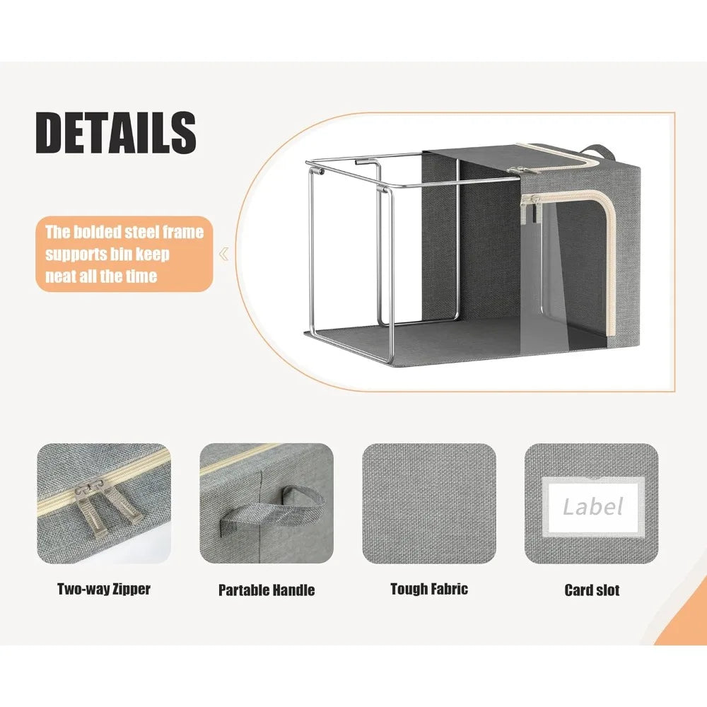3 Openings Clothes Storage Bins with Metal Frame, Foldable Storage Bin for Clothes, Clothing Storage Bins with Lid, Linen Storag
