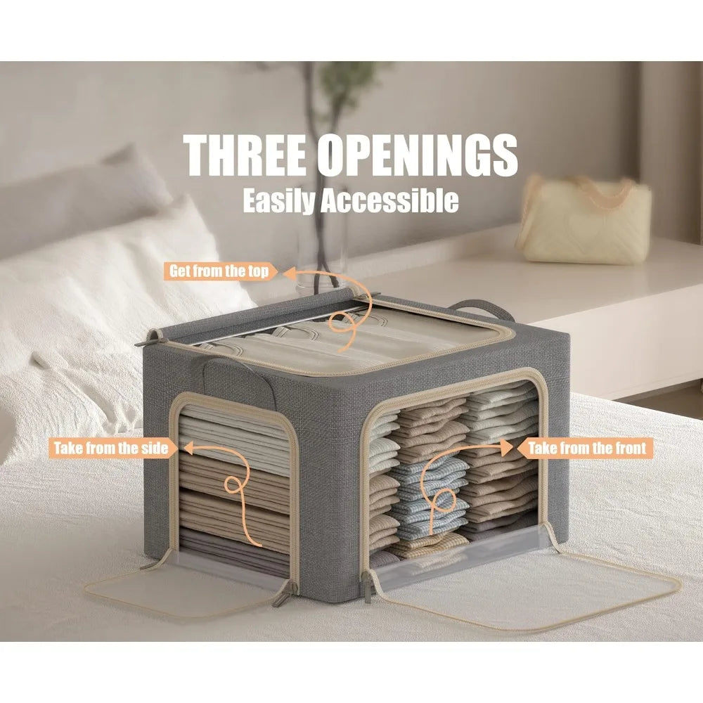 3 Openings Clothes Storage Bins with Metal Frame, Foldable Storage Bin for Clothes, Clothing Storage Bins with Lid, Linen Storag