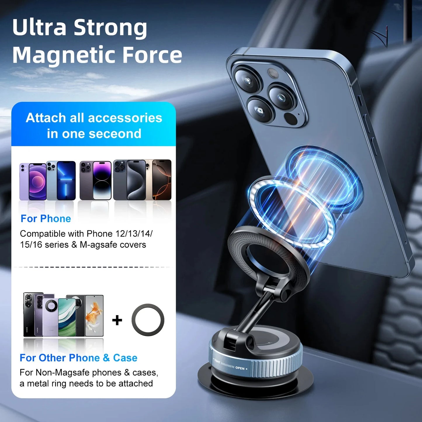 Magnetic Car Phone Holder – 360° Rotation with a Strong Mechanical Suction Cup