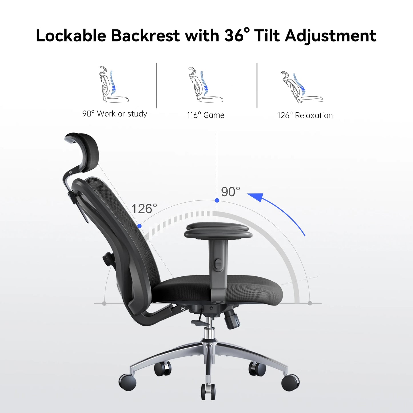 SIHOO M18 Ergonomic Office Chair for Big And Tall People Adjustable Headrest 2D Armrests Lumbar Support PU Wheels Swivel Feature
