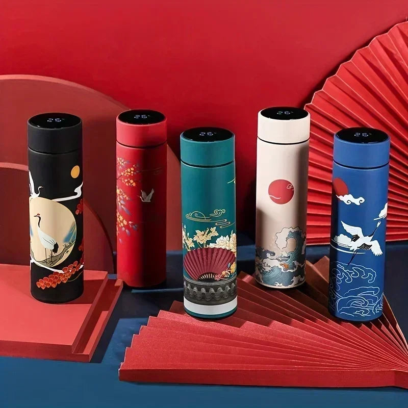Retro Smart Temperature Display Insulated Cup,  Chinese Style Thermal Water Bottle, Stainless Steel Water Cup