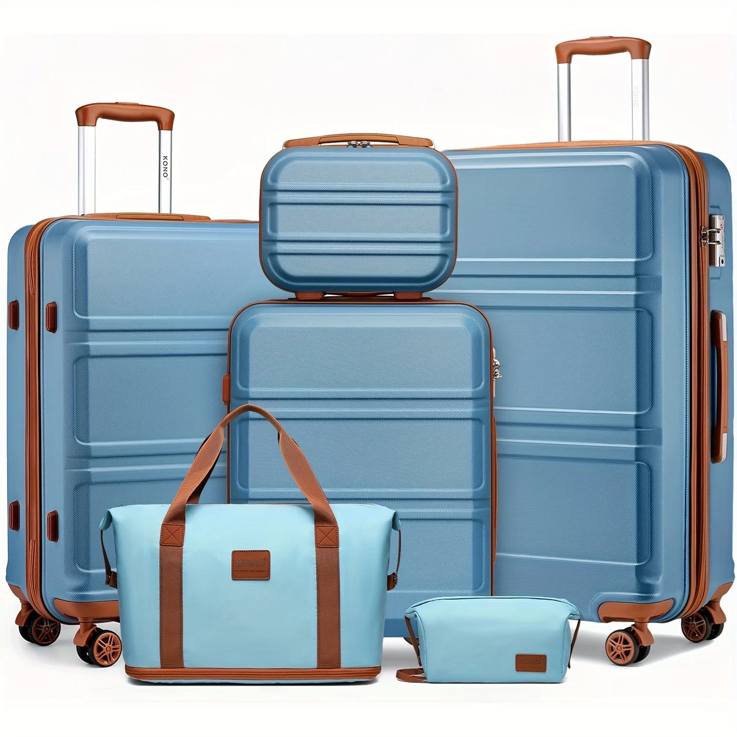 Kono 6-Pc Travel System - 20/24/28" ABS Suitcases with Toiletry Bag & Duffel, Lightweight TSA Lock