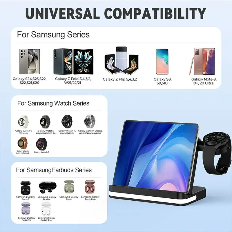 VIKEFON 5 in 1 Foldable LED Wireless Charger Station For Samsung Z Fold 5 4 Galaxy Watch 9 8 7 EarBuds Fast Wireless Charging