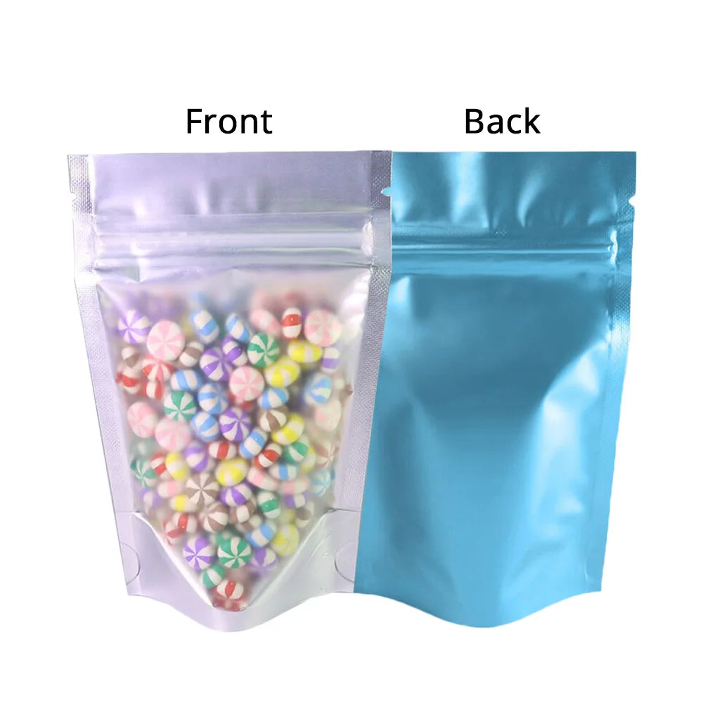 100pcs Metallic Stand Up Doypack,  Clear Window Reusable Smell Proof  Bag Food Storage  Package Aluminum Foil Mylar Pouch