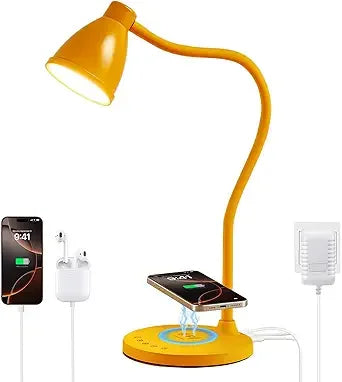 BOHON Desk Lamp for Home Office, LED Desk Light with USB C+A Charging Ports, Wireless Charger, 5 Colors Stepless Dimming Reading