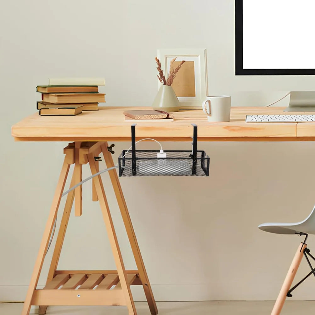 Under Table Storage Rack Metal Cable Management Tray Home Office Desk Wire Organizer No Punching Office Storage Accessories