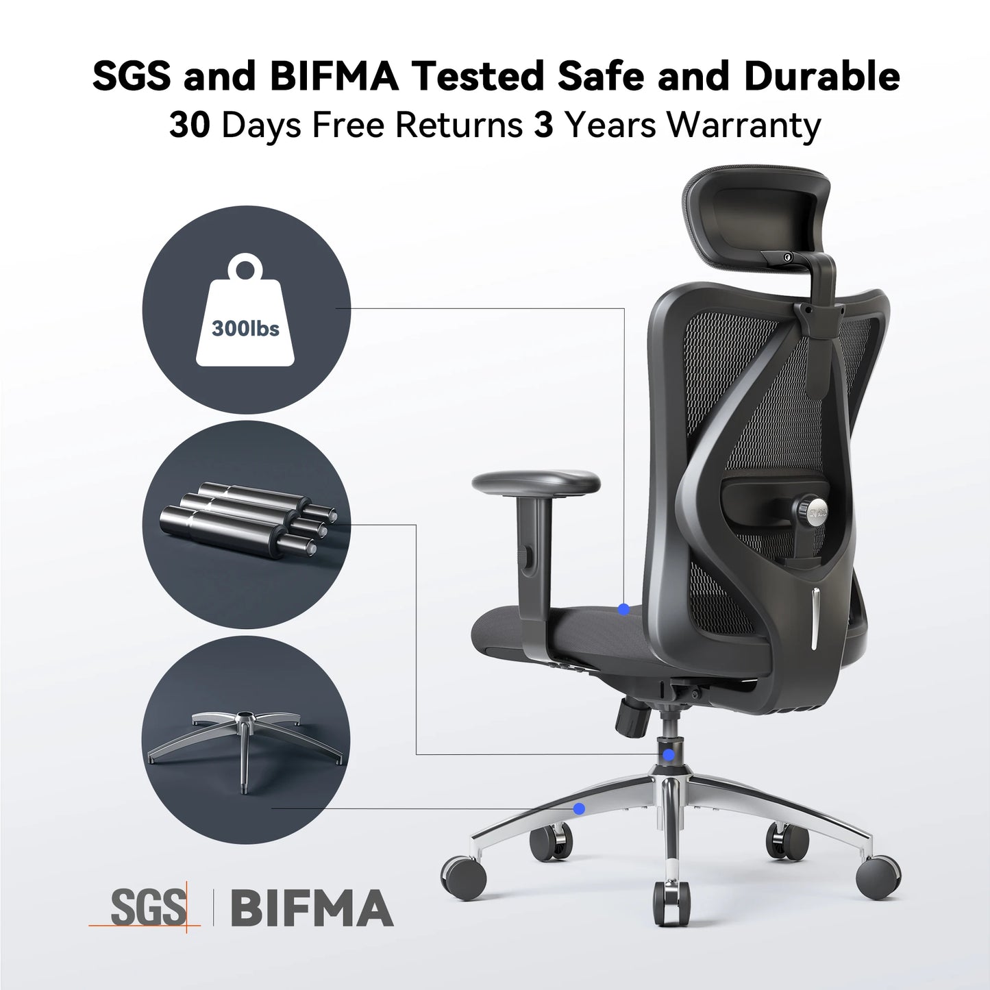 SIHOO M18 Ergonomic Office Chair for Big And Tall People Adjustable Headrest 2D Armrests Lumbar Support PU Wheels Swivel Feature