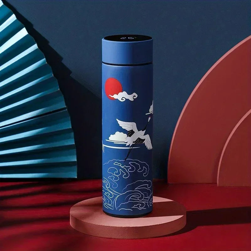 Retro Smart Temperature Display Insulated Cup,  Chinese Style Thermal Water Bottle, Stainless Steel Water Cup