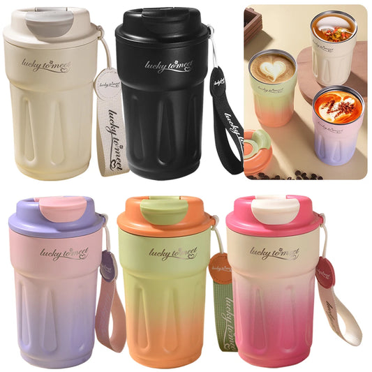 420ML Thermos Bottle Stainless Steel Coffee Cup Leakproof Outdoor Portable Drink Travel Mug with Rope for Hot and Cold Drinks