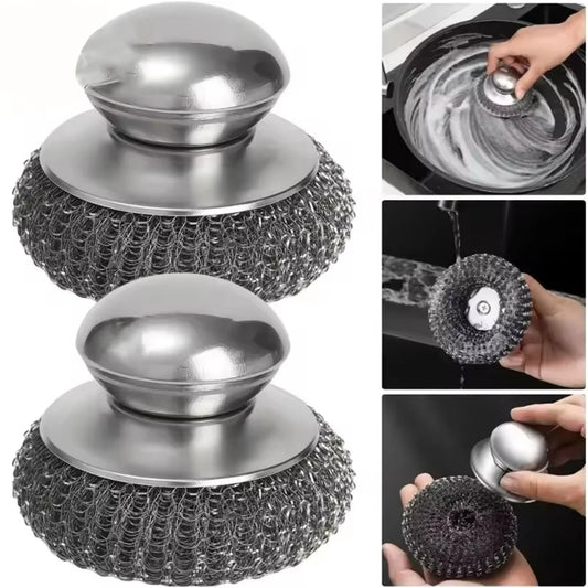 5/1Pcs Kitchen Stainless Steel Pot Brush with Handles Dishwashing Wire Ball Heavy Duty Metal Scrubber Home Pot Pan Cleaning Tool