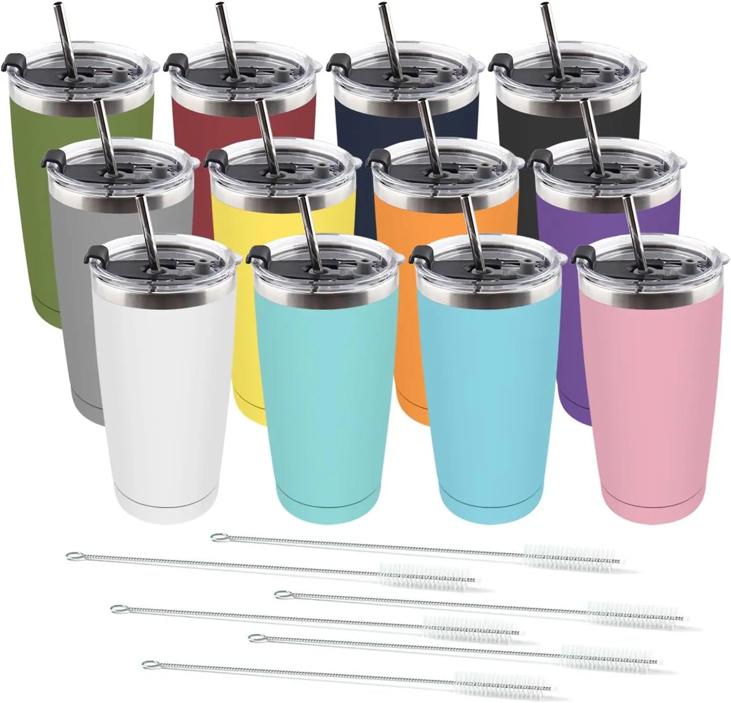 12 Pack 20oz Stainless Steel Tumbler with Lid, Powder Coated Vacuum Insulated Tumbler Cup, With straw and cleaning brush